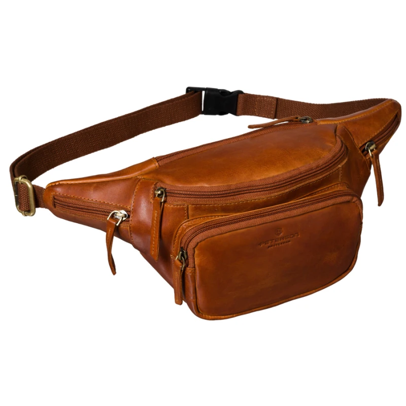 Męska brązowa skórzana nerka na biodra lub przez ramię crossbody modna mała saszetka - Peterson