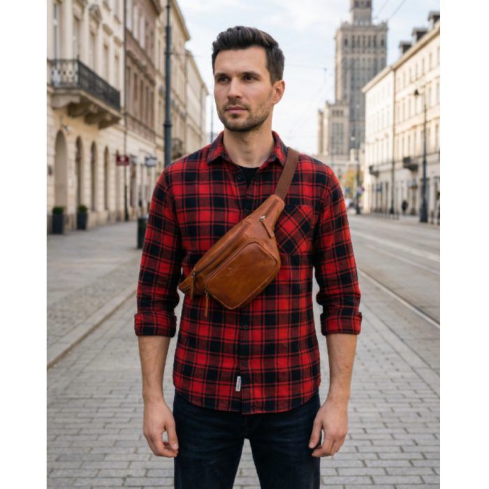 Męska brązowa skórzana nerka na biodra lub przez ramię crossbody modna mała saszetka - Peterson