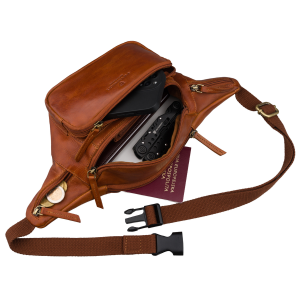 Męska brązowa skórzana nerka na biodra lub przez ramię crossbody modna mała saszetka - Peterson