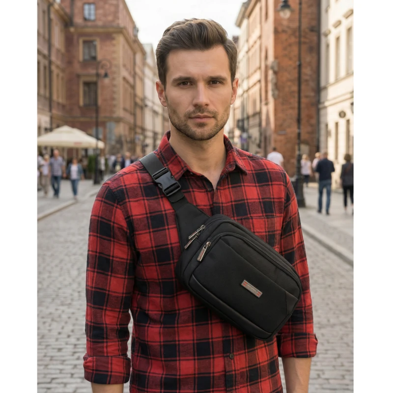 Nerka męska saszetka miejska na ramię mała listonoszka crossbody czarna lekka na suwak - Peterson