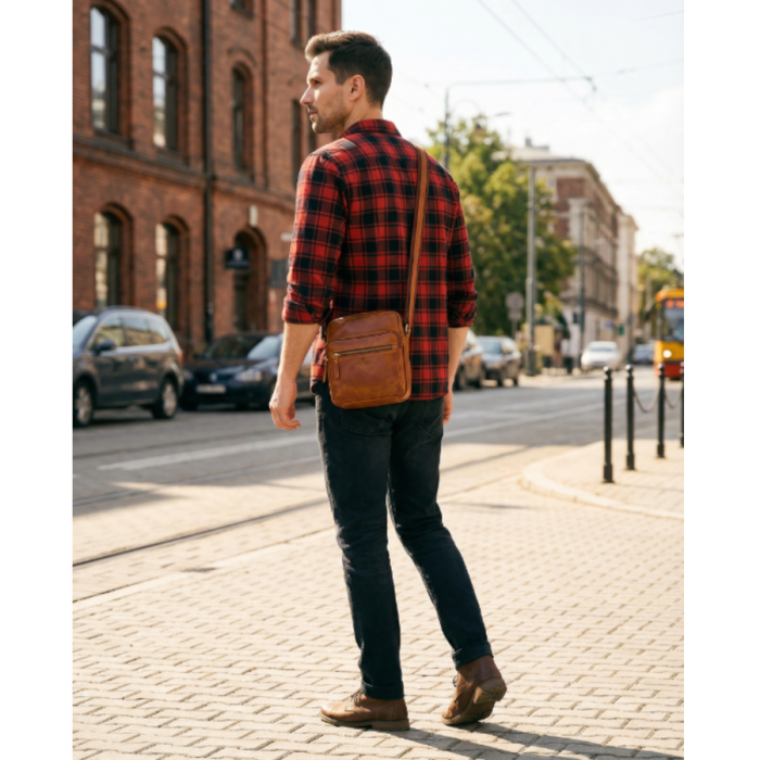 Skórzana listonoszka męska brązowa mała saszetka - Peterson