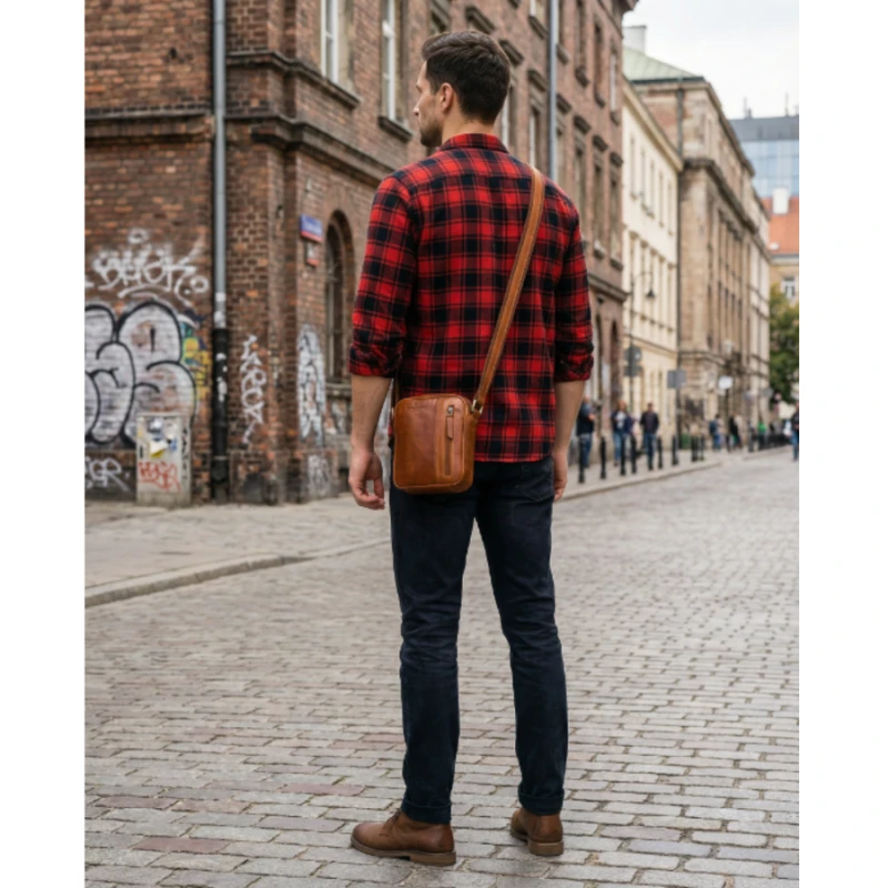 Listonoszka męska ze skóry naturalnej brązowa mała saszetka na ramię - Peterson