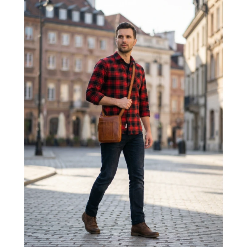 Mała torebka męska listonoszka brązowa ze skóry naturalnej saszetka na ramię - Peterson