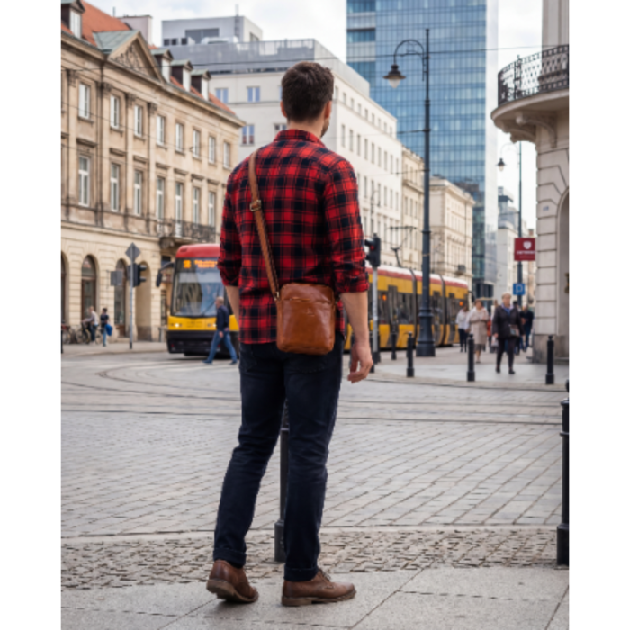 Listonoszka męska mała ze skóry naturalnej brązowa saszetka na ramię miejska modna na suwak - Peterson