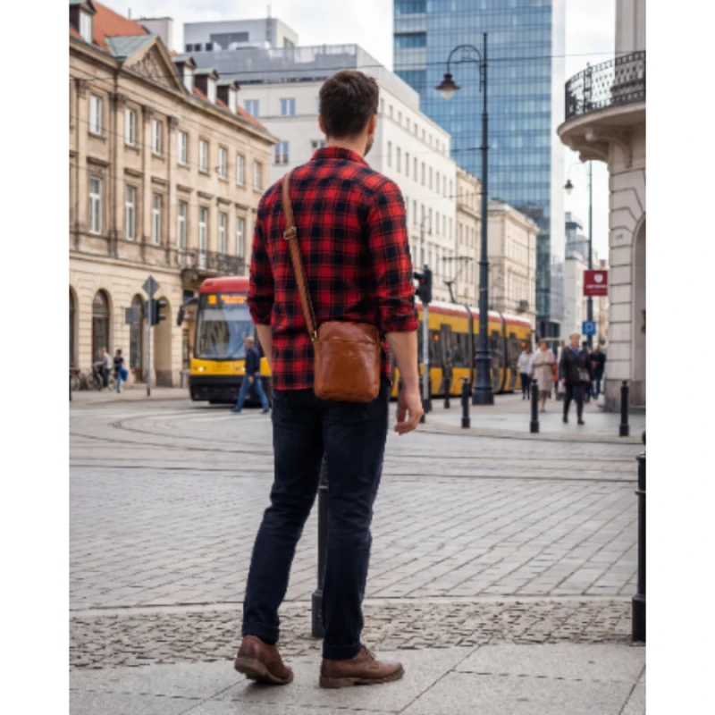 Listonoszka męska mała ze skóry naturalnej brązowa saszetka na ramię miejska modna na suwak - Peterson