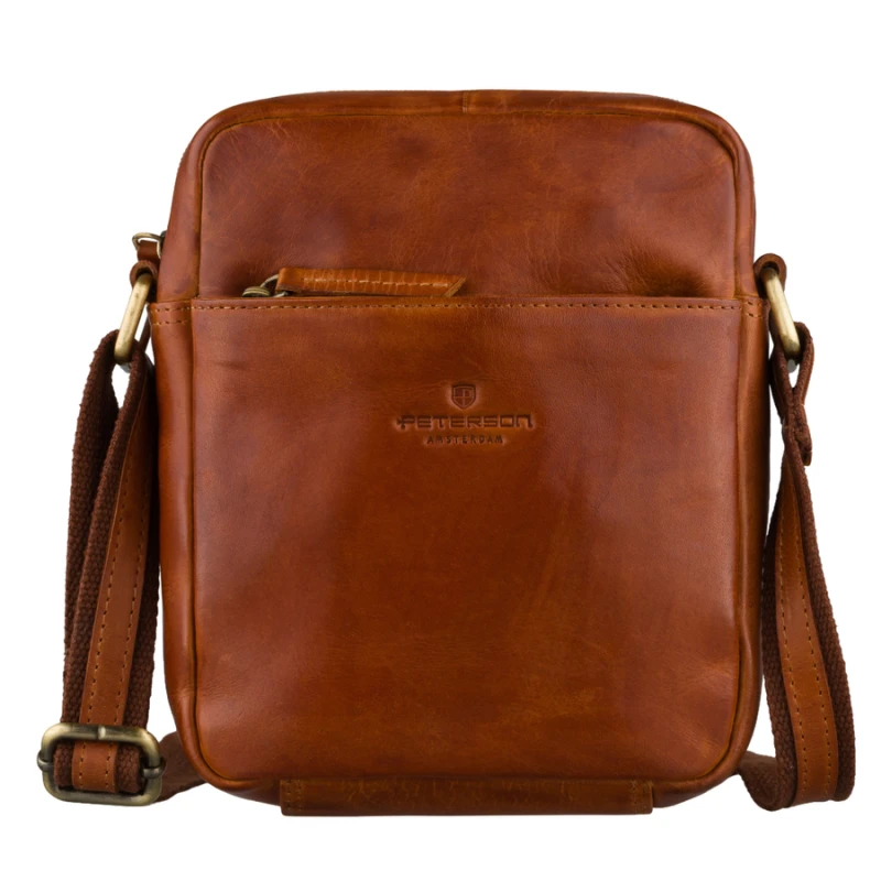 Listonoszka męska mała ze skóry naturalnej brązowa saszetka na ramię miejska modna na suwak - Peterson