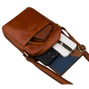 Listonoszka męska mała ze skóry naturalnej brązowa saszetka na ramię miejska modna na suwak - Peterson