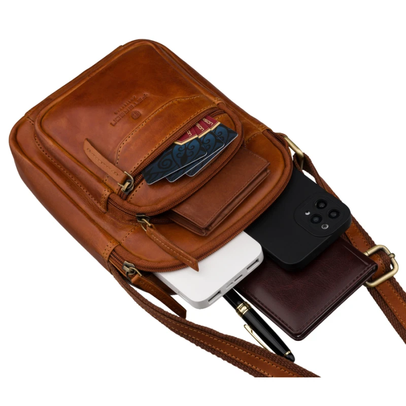 Mała listonoszka męska saszetka na ramię brązowa miejska torebka ze skóry naturalnej - Peterson