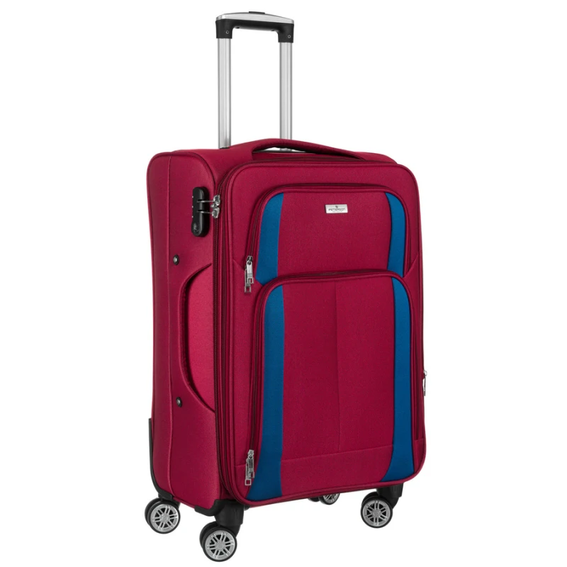 Średnich rozmiarów walizka z miękkiego materiału, wykonana z poliestru w czerwono-niebieskim kolorze - Peterson