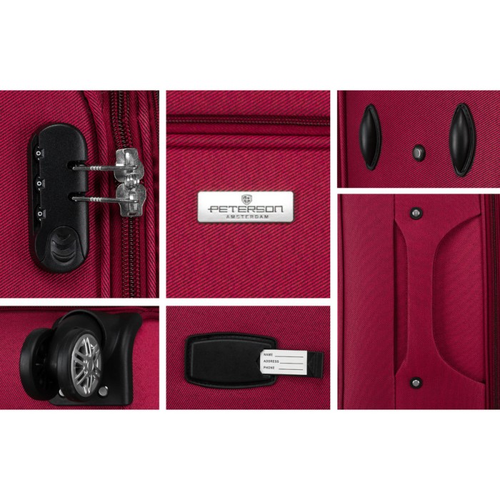 Średnich rozmiarów walizka z miękkiego materiału, wykonana z poliestru w czerwono-niebieskim kolorze - Peterson