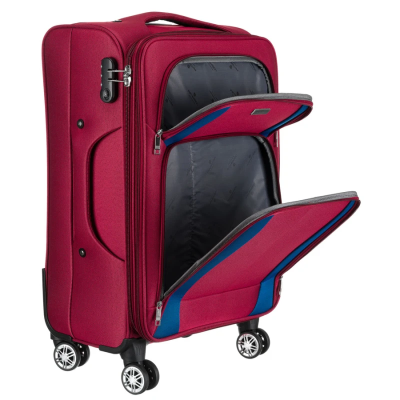 Średnich rozmiarów walizka z miękkiego materiału, wykonana z poliestru w czerwono-niebieskim kolorze - Peterson