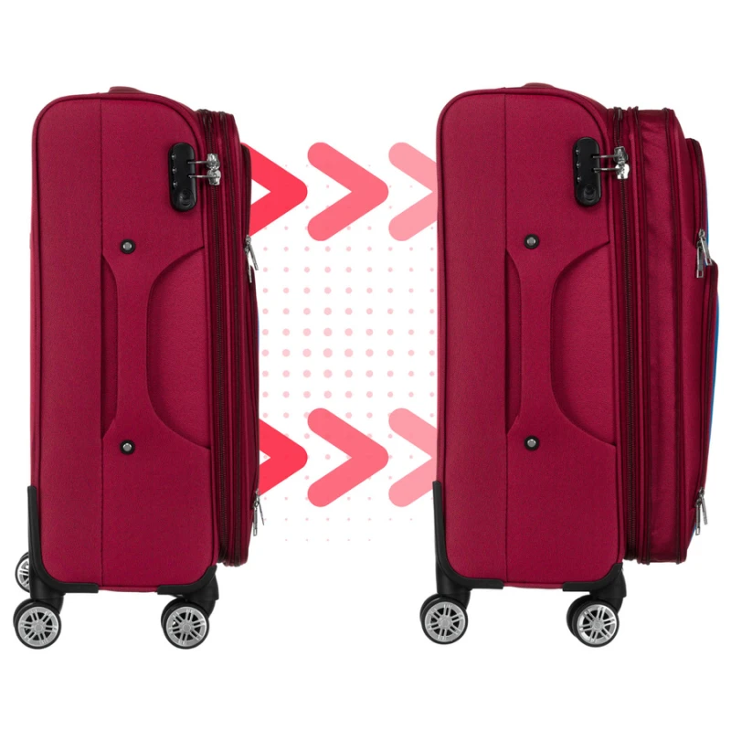 Średnich rozmiarów walizka z miękkiego materiału, wykonana z poliestru w czerwono-niebieskim kolorze - Peterson