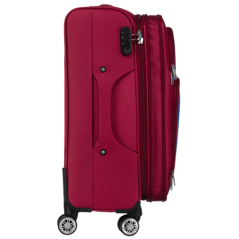 Średnich rozmiarów walizka z miękkiego materiału, wykonana z poliestru w czerwono-niebieskim kolorze - Peterson