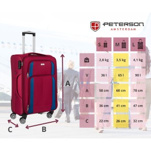 Średnich rozmiarów walizka z miękkiego materiału, wykonana z poliestru w czerwono-niebieskim kolorze - Peterson