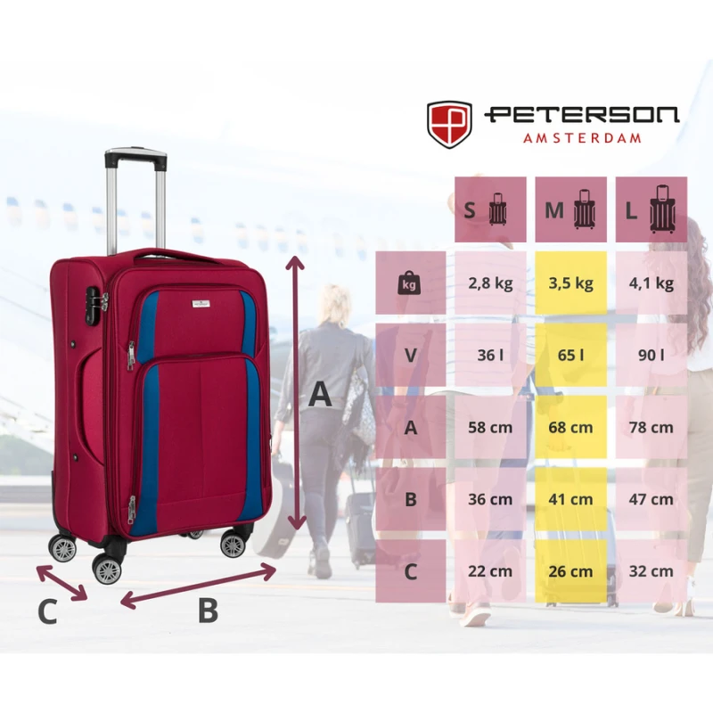 Średnich rozmiarów walizka z miękkiego materiału, wykonana z poliestru w czerwono-niebieskim kolorze - Peterson