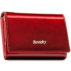 Portfel damski z lakierowanej skóry naturalnej w czerwonym kolorze zamykany na zatrzask i bigiel - Rovicky