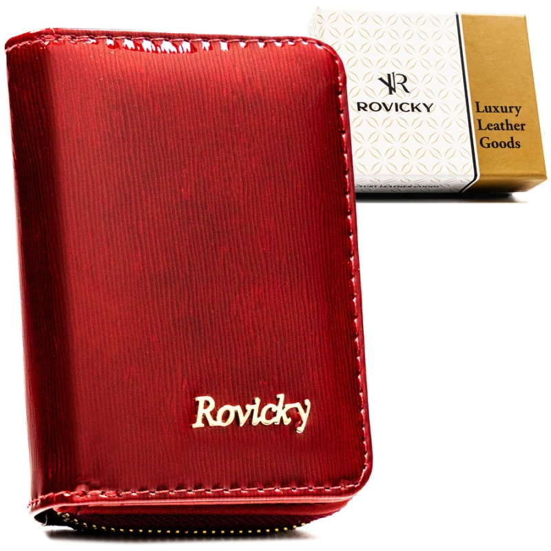 Mały portfel damski ze skóry naturalnej w czerwonym kolorze, wyposażony w system RFID - Rovicky