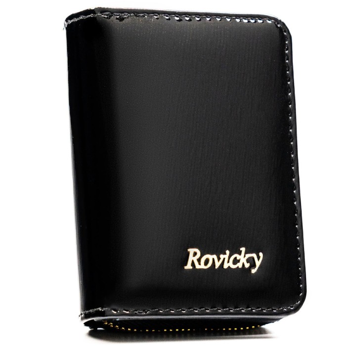 Mały portfel damski ze skóry naturalnej w czarnym kolorze, wyposażony w system RFID - Rovicky
