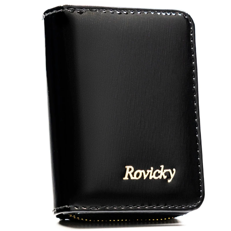 Mały portfel damski ze skóry naturalnej w czarnym kolorze, wyposażony w system RFID - Rovicky