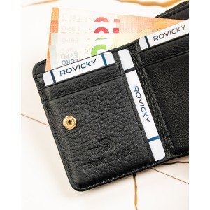 Mały portfel damski ze skóry naturalnej w czarnym kolorze, wyposażony w system RFID - Rovicky