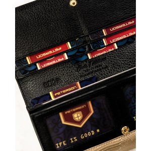 Portfel damski z lakierowanej skóry naturalnej w czarno-złotym kolorze, wyposażony w system RFID - Peterson