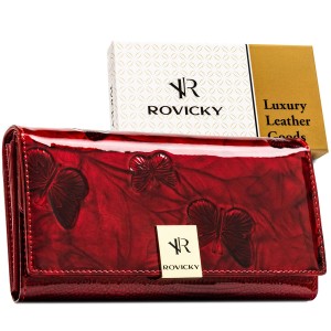 Duży, czerwony portfel damski z lakierowanej skóry naturalnej z systemem RFID - Rovicky