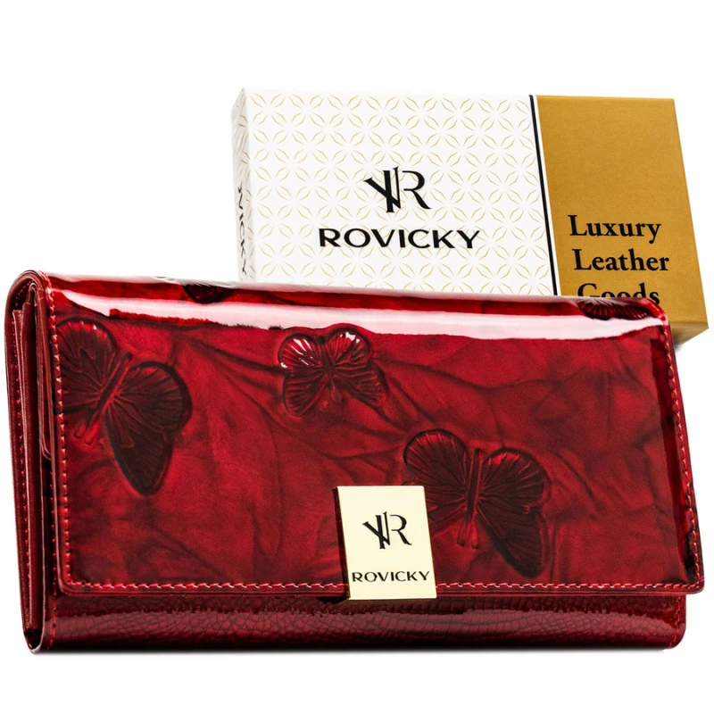 Duży, czerwony portfel damski z lakierowanej skóry naturalnej z systemem RFID - Rovicky