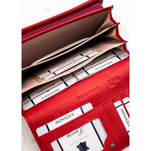 Duży, czerwony portfel damski z lakierowanej skóry naturalnej, wyposażony w system RFID - Rovicky