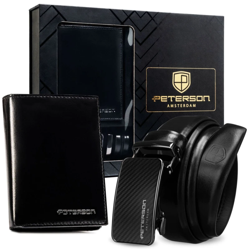 Zestaw prezentowy: duży, skórzany portfel męski w czarnym kolorze z systemem RFID i pasek ze skóry naturalnej - Peterson