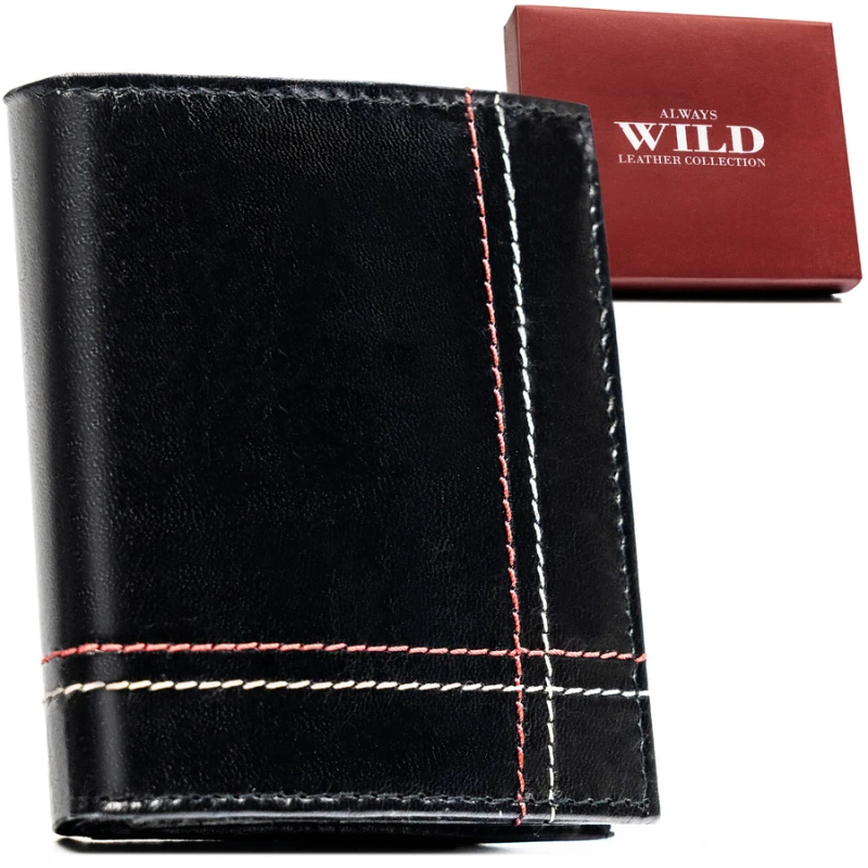 Skórzany, pionowy portfel męski w czarnym kolorze z systemem RFID bez zapięcia - Always Wild