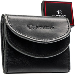 Mały, skórzany portfel męski w czarnym kolorze zamykany zatrzaskiem - Rovicky