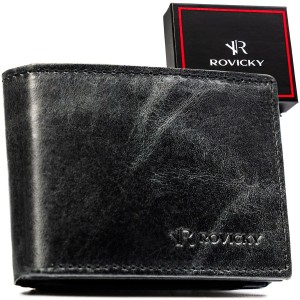 Skórzany portfel męski w czarnym kolorze bez zapięcia zewnętrznego - Rovicky