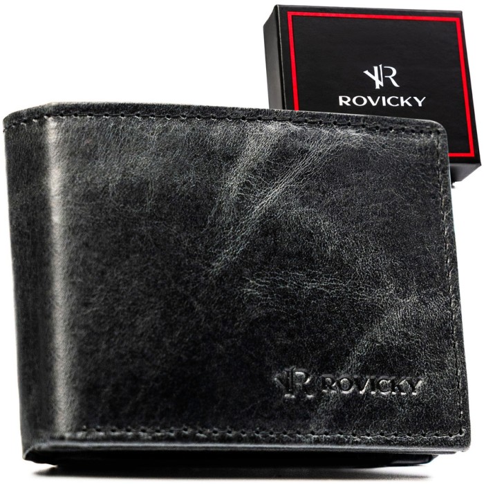 Skórzany portfel męski w czarnym kolorze bez zapięcia zewnętrznego - Rovicky