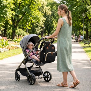 Granatowy plecak dla mamy wykonany z poliestru, dwukomorowy, zamykany suwakiem - Peterson