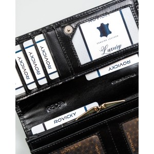 Pojemny, czarny portfel damski ze skóry naturalnej wyposażony w system RFID - Rovicky