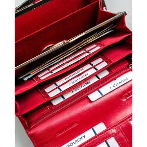 Różowy portfel damski ze skóry naturalnej wyposażony w system RFID, zamykany zatrzaskiem - Rovicky