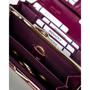 Fioletowy portfel damski ze skóry naturalnej wyposażony w system RFID, zamykany zatrzaskiem - Rovicky