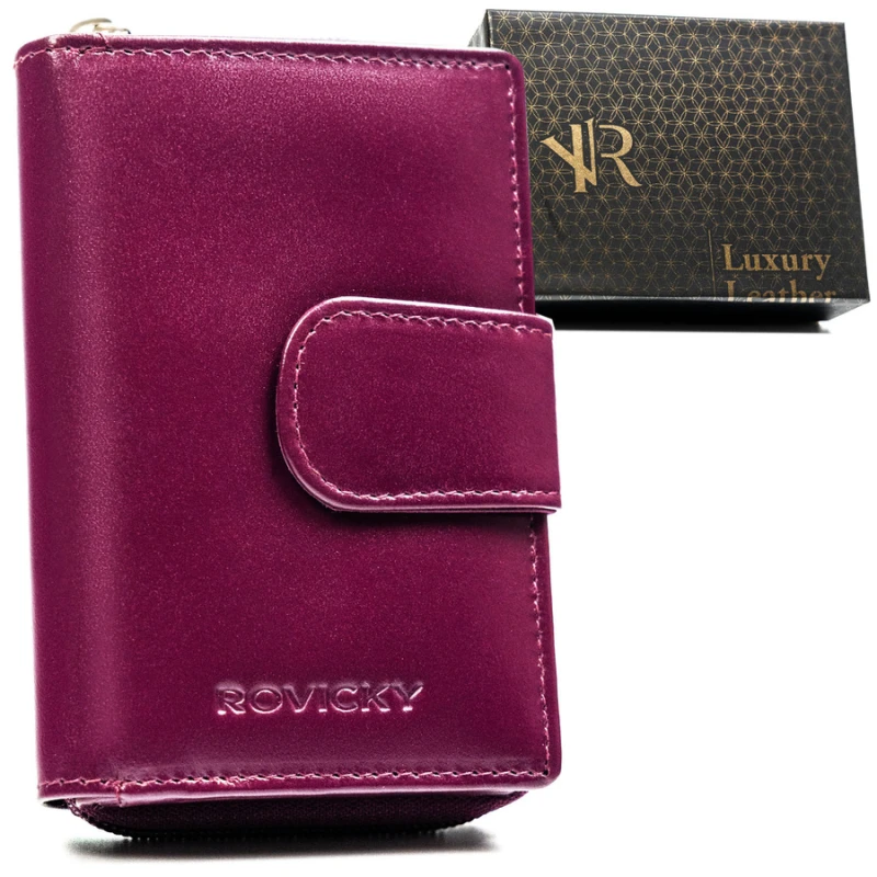 Fioletowy portfel damski ze skóry naturalnej zamykany suwakiem i zatrzaskiem - Rovicky