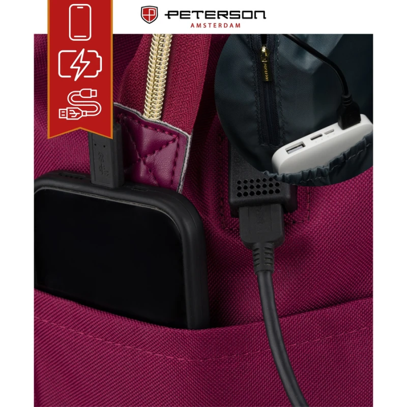 Jednokomorowy plecak damski z poliestru w burgundowym kolorze, wyposażony w port USB - Peterson