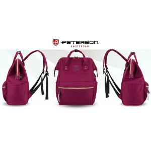 Jednokomorowy plecak damski z poliestru w burgundowym kolorze, wyposażony w port USB - Peterson