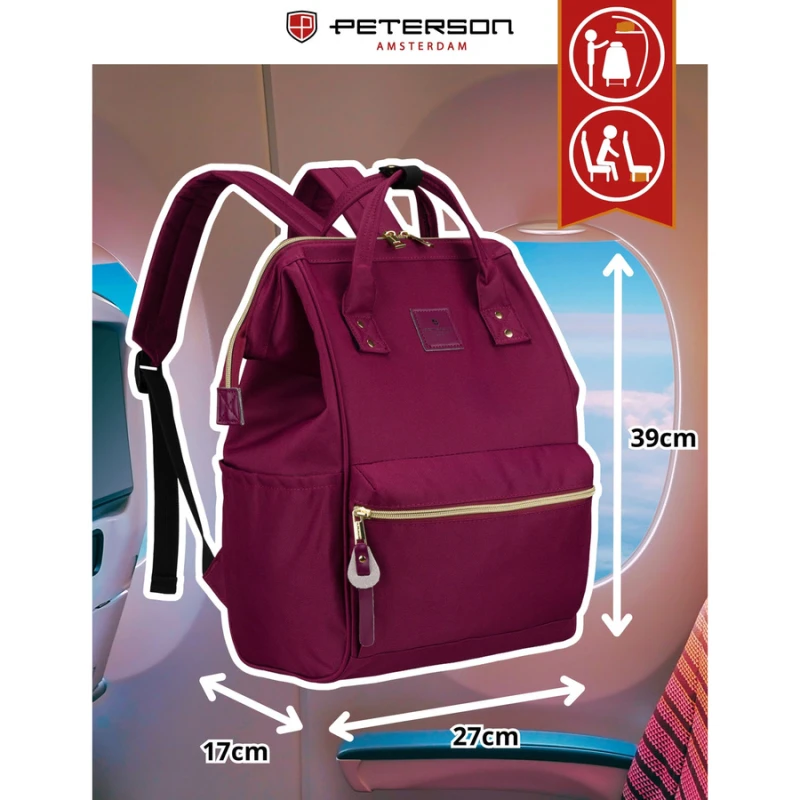Jednokomorowy plecak damski z poliestru w burgundowym kolorze, wyposażony w port USB - Peterson