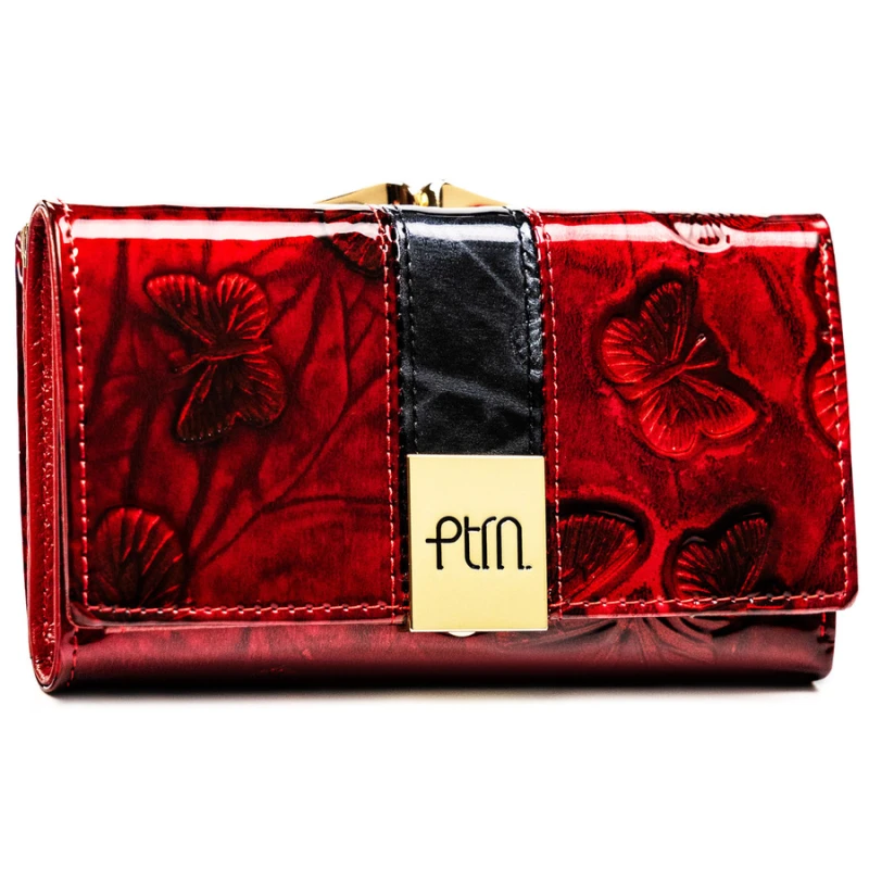 Czerwony portfel damski z lakierowanej skóry naturalnej z ozdobnym tłoczeniem - Peterson