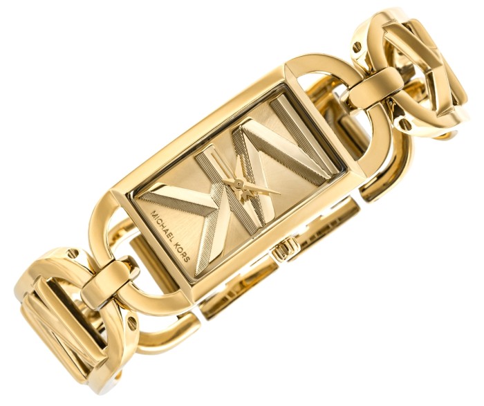 Złota tarcza zegarka damskiego Michael Kors Mini Empire MK7406 z motywem MK