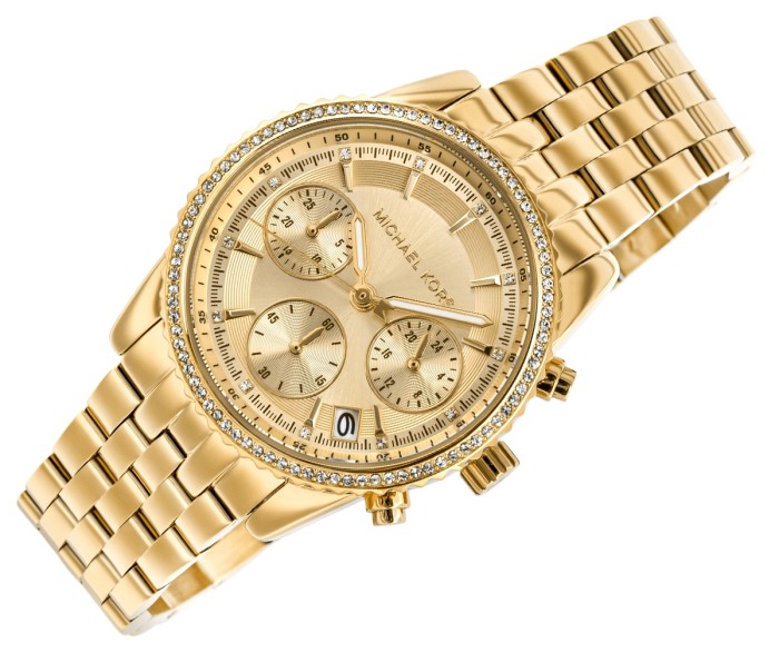 Złota tarcza zegarka Michael Kors Ritz MK7530 z chronografem i datownikiem