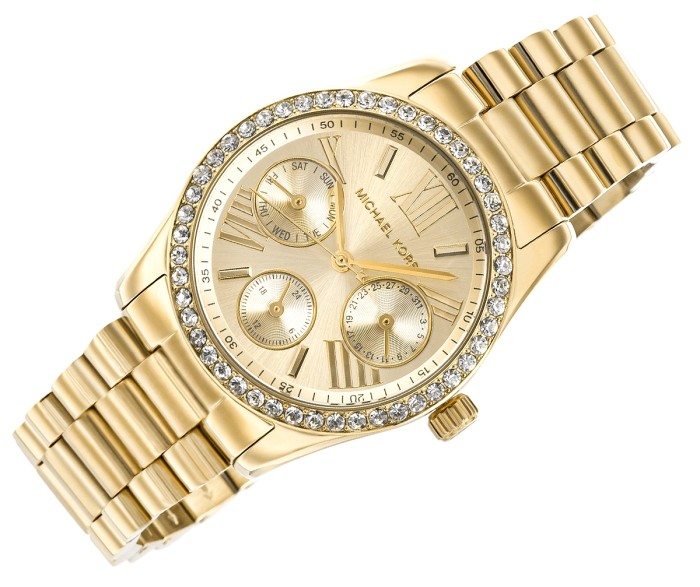 Złota tarcza zegarka Michael Kors Lexington MK4982 z kalendarzem