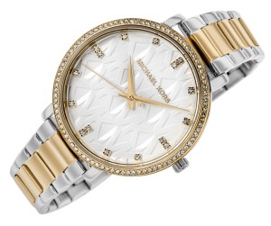 Biała tarcza zegarka Michael Kors Pyper MK4918 z motywem MK