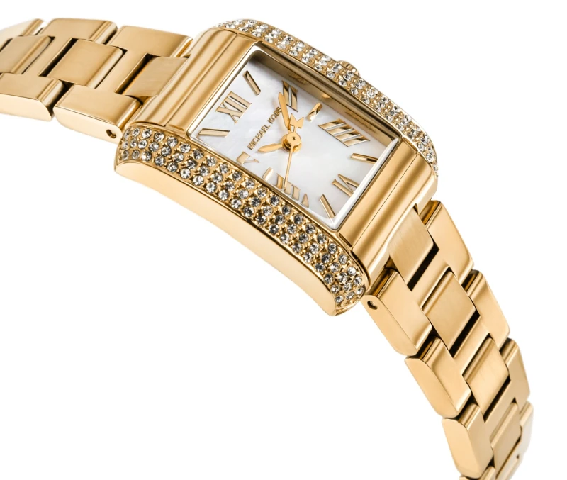 Kryształkowe zdobienia prostokątnej koperty zegarka Michael Kors Emery MK4867
