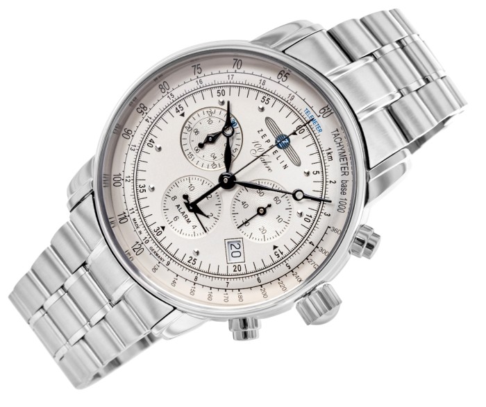 Jasna tarcza chronografu Zeppelin 7680MB-1 z czarnymi wskazówkami