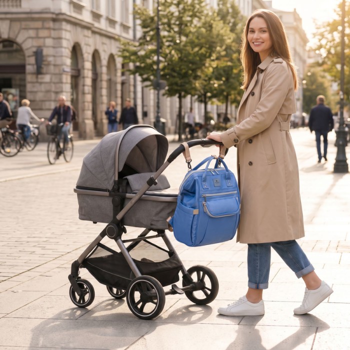 Jasnoniebieski plecak Mommy Bag Peterson z kieszeniami