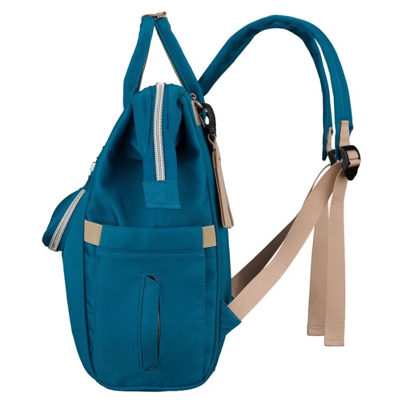 Plecak mommy-bag wykonany z poliestru w turkusowym kolorze, zamykany suwakiem - Peterson